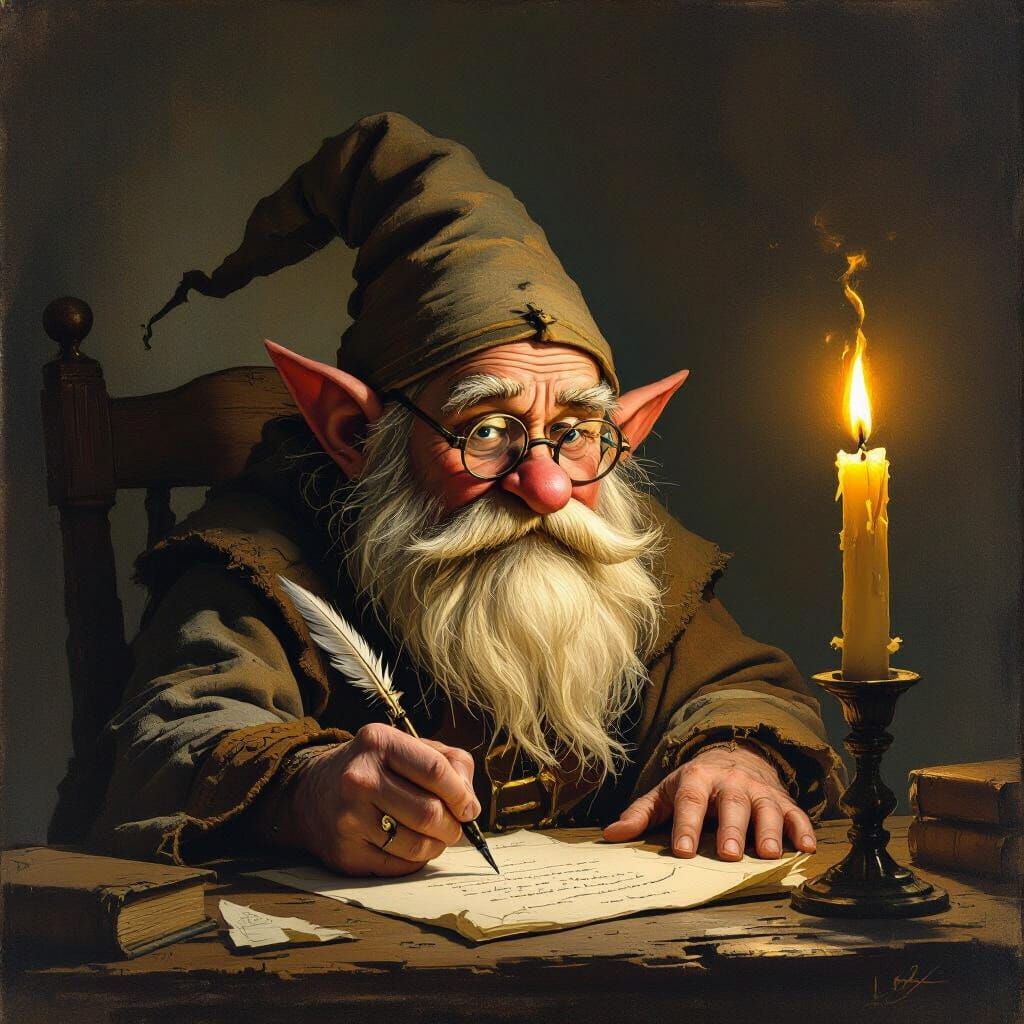 Arthritic Gnome Writing by Candlelight