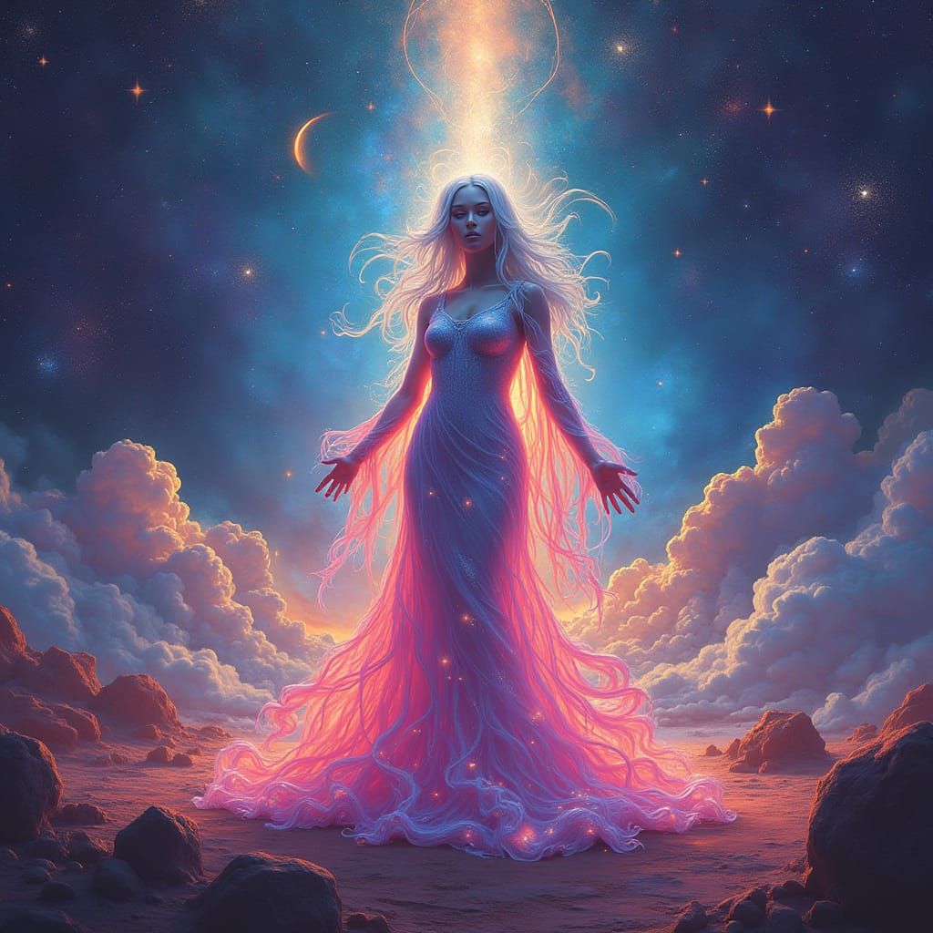 Lady Space Ghost in Cosmic Landscape as Matte Painting