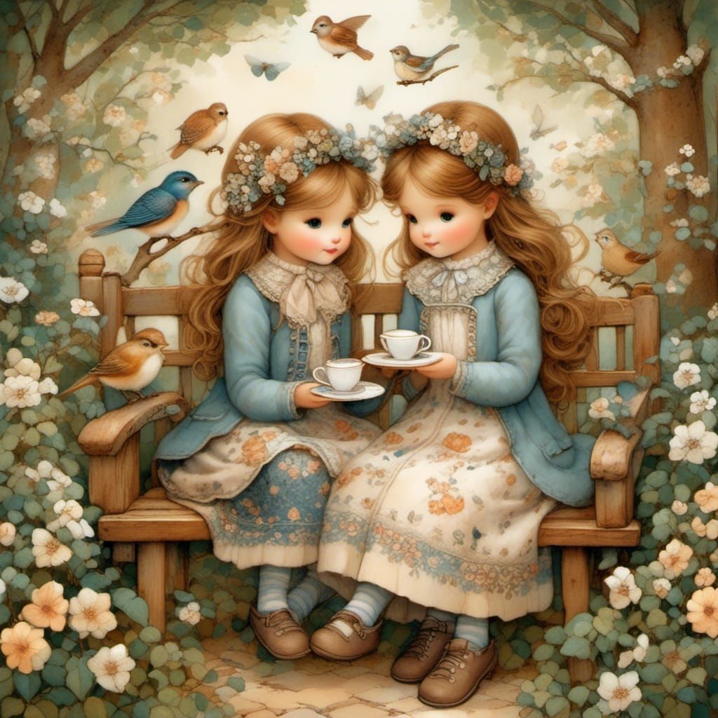 Girls' Tea Party in Enchanted Garden, Vintage Illustration