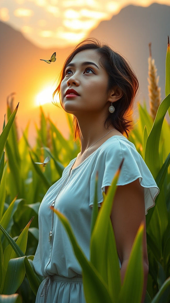Woman in Cornfield at Sunrise in Hyperrealistic Style