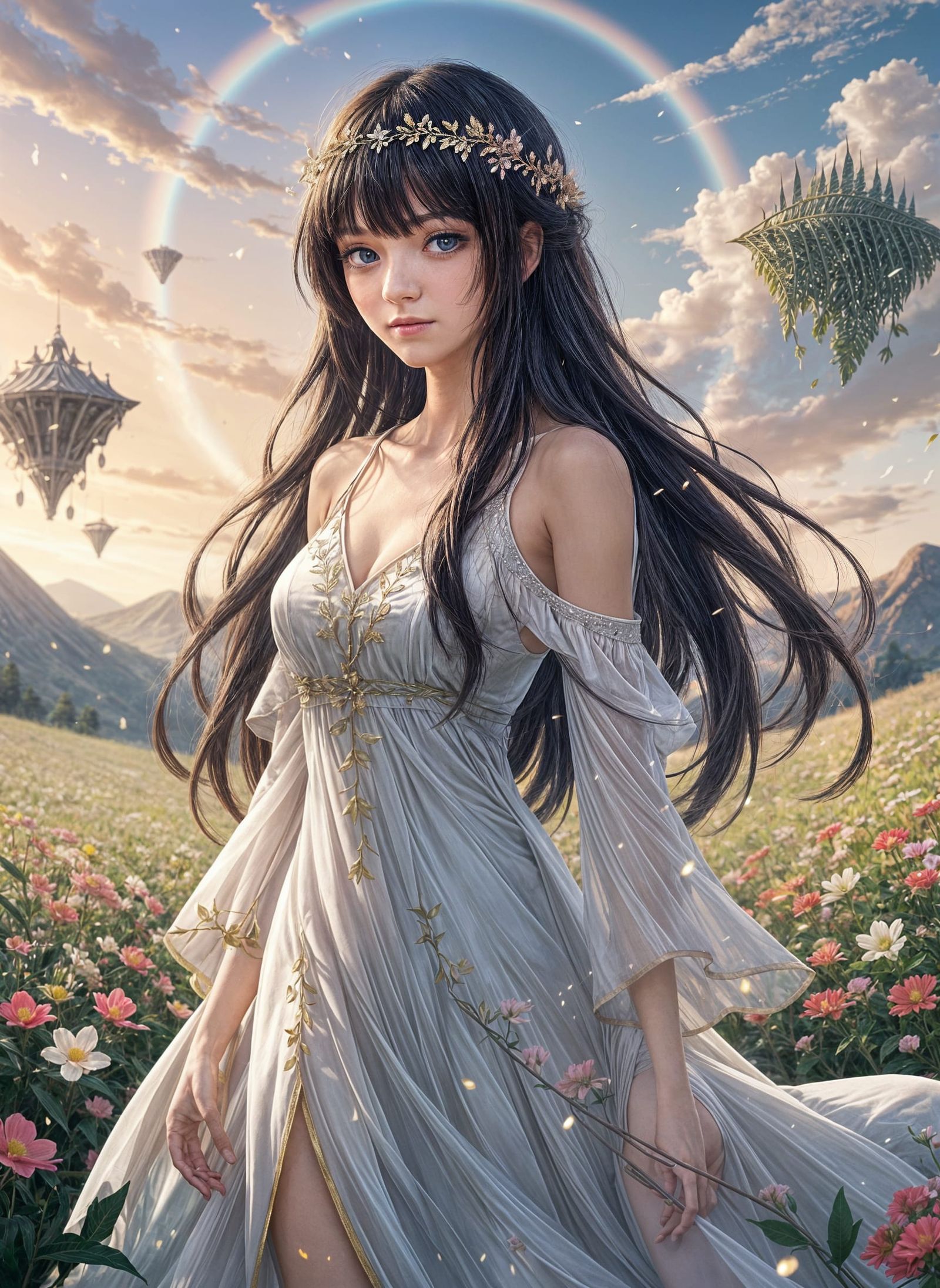 Anime Goddess with Flowing Black Hair and Expressive Eyes