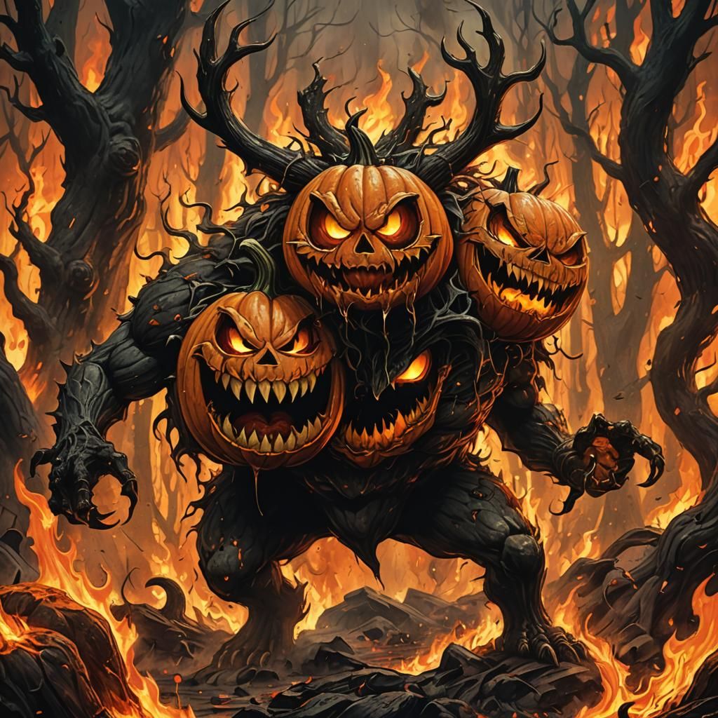 Two-Headed Pumpkin Monster in Burning Forest