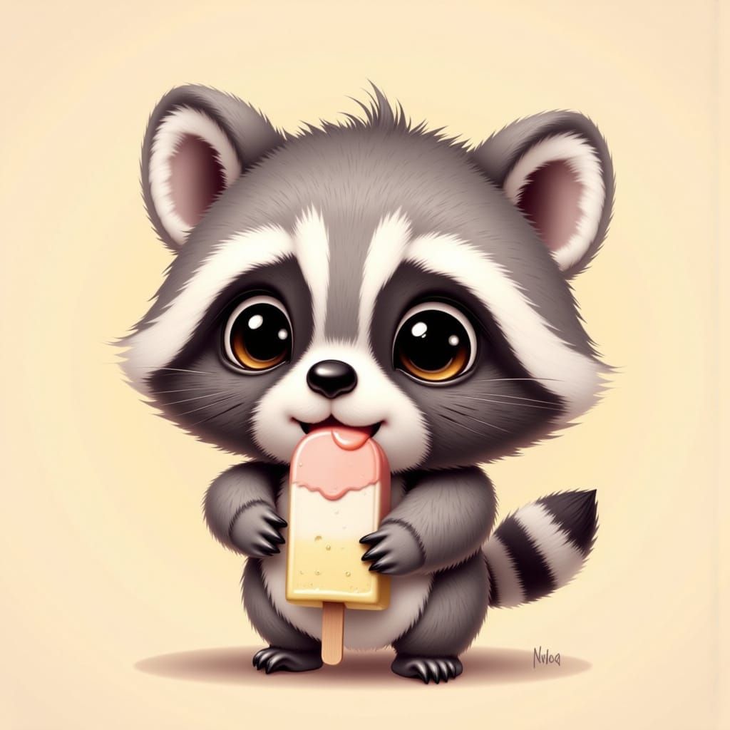 Charming Chibi Raccoon Enjoying a Refreshing Treat