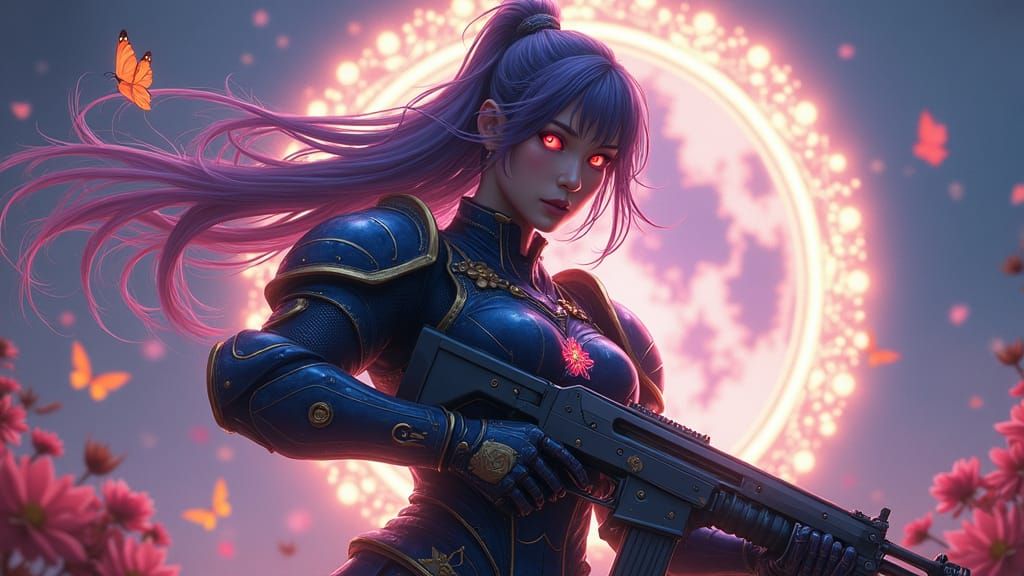 Japanese Warrior in Space Armor with Laser Gun