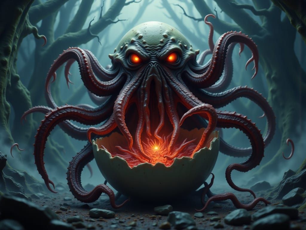 Cthulhu Attacks Kraken From Glowing Egg