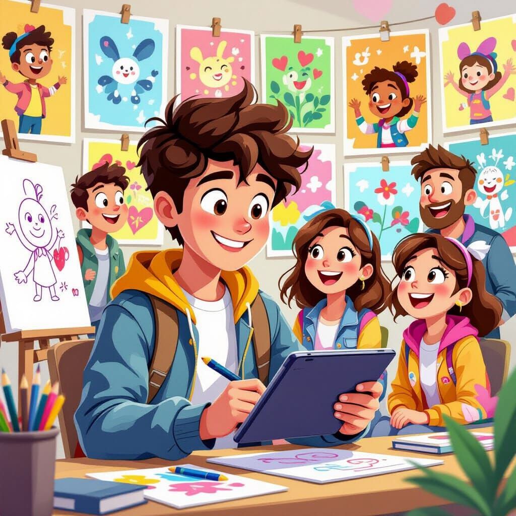 Kid Creates Digital Art in Cartoon Style