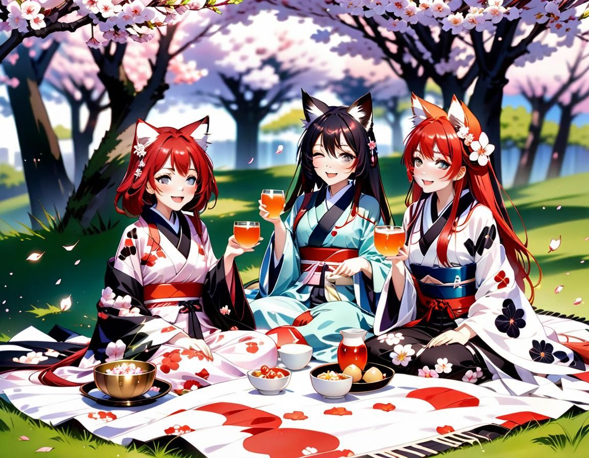 Anime Girls Celebrate Hanami Under Cherry Blossoms