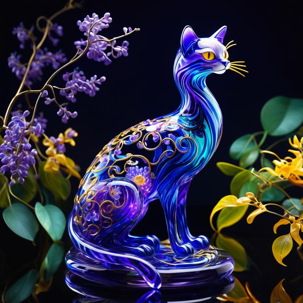 Ethereal Glass Cat Sculpture in Triadic Colors