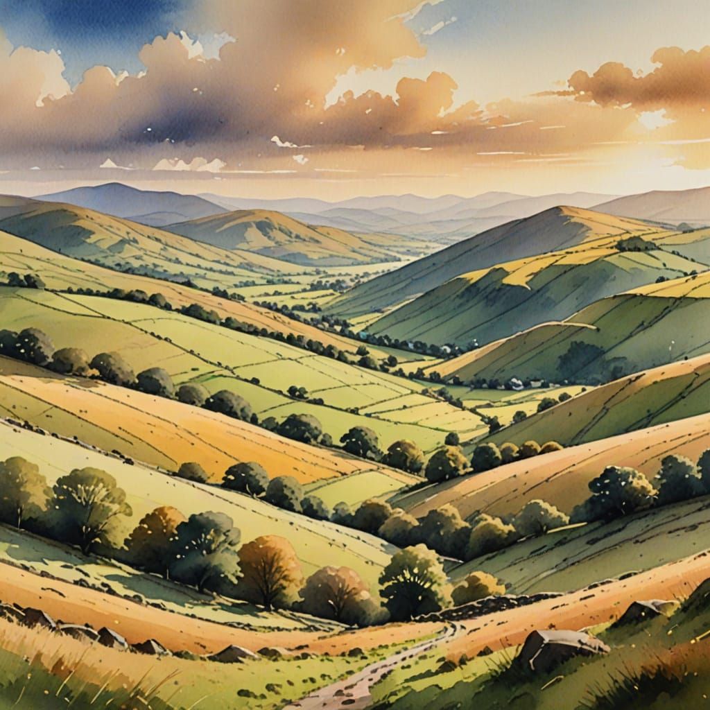 Welsh Mountain Landscape in Watercolor Style