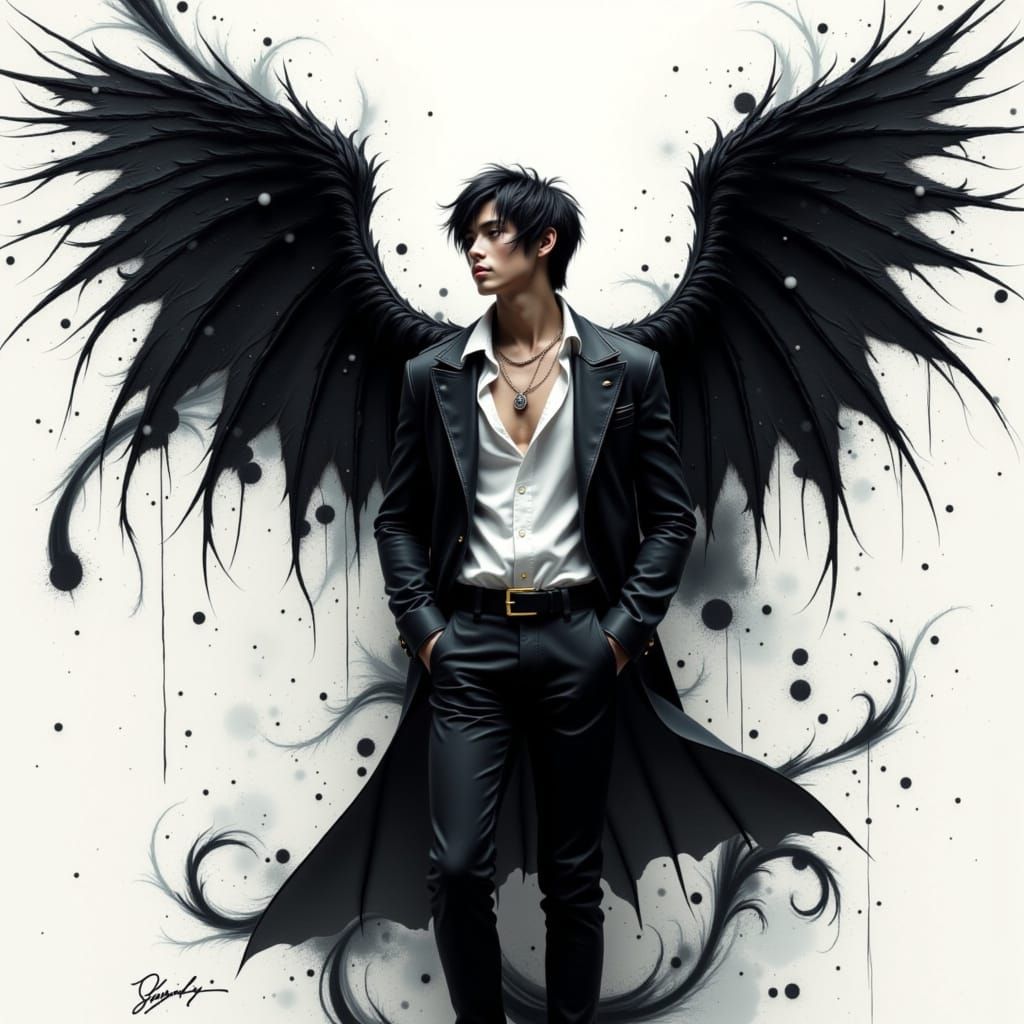 Dramatic Angel in Ink Splatter Style