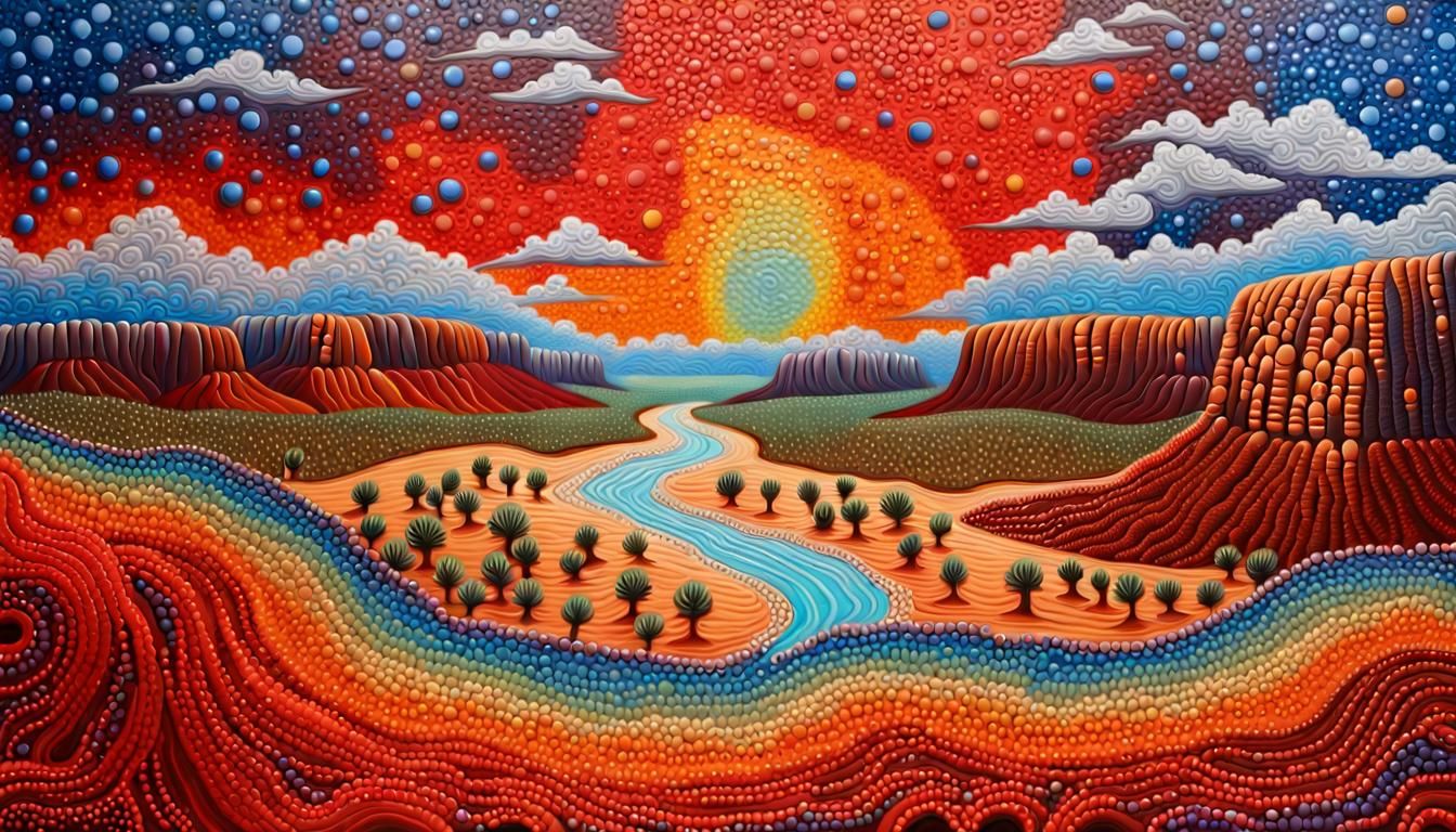 Australian Outback Flood: Impasto Oil Bead-Dot Painting
