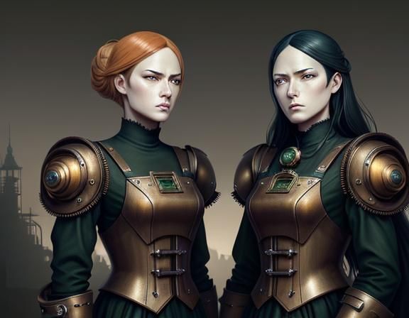 Steampunk Twins in Time Machine: Dark Fantasy Concept Art