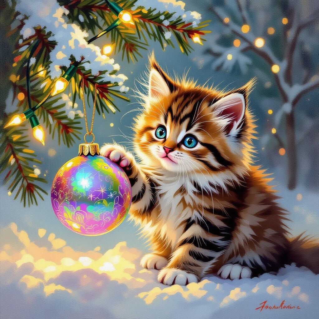 Fluffy Kitten Plays with Shimmering Ornament in Snowy Pine T...