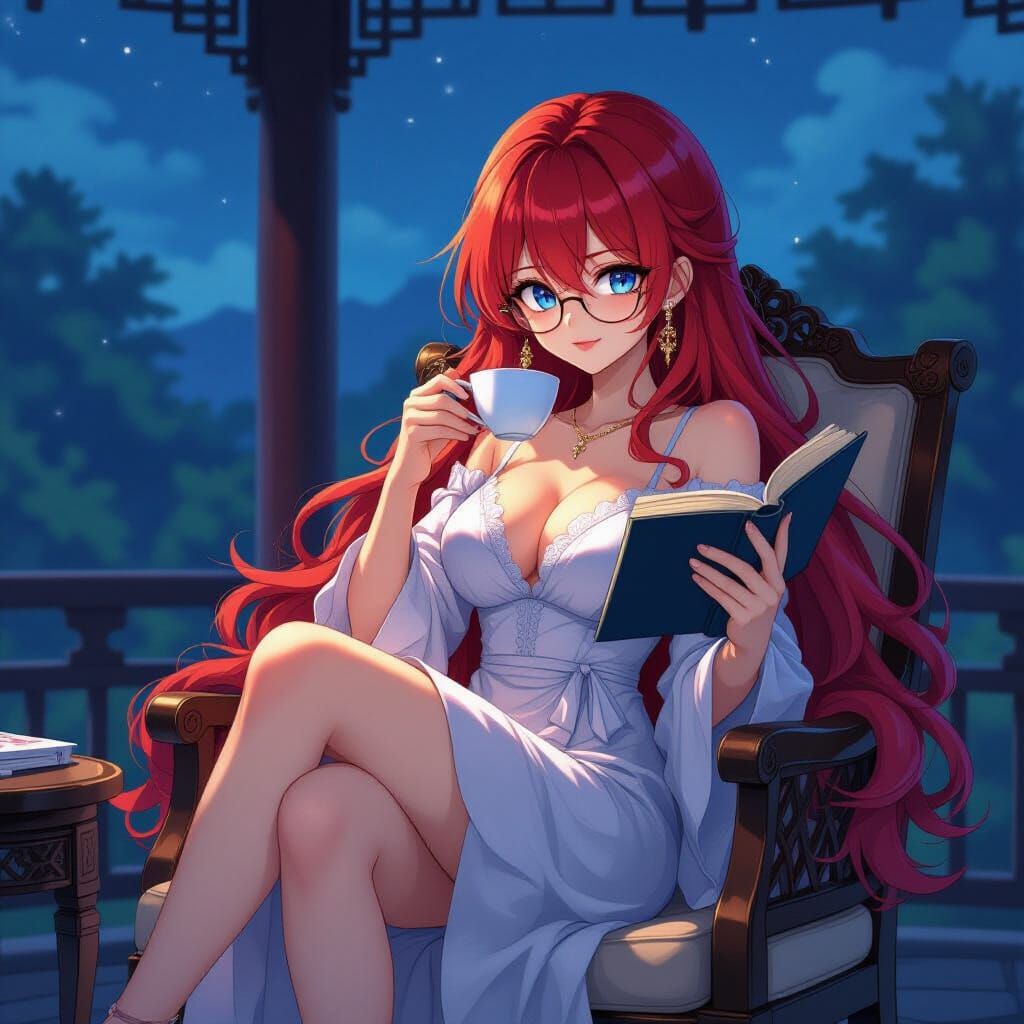 Anime Girl Drinking Tea in Pavilion, Hyperrealistic Style