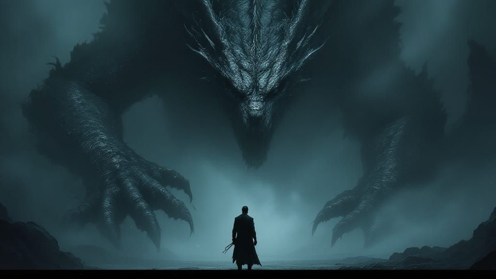 Gritty Dragon Encounter in Moody Nighttime Landscape