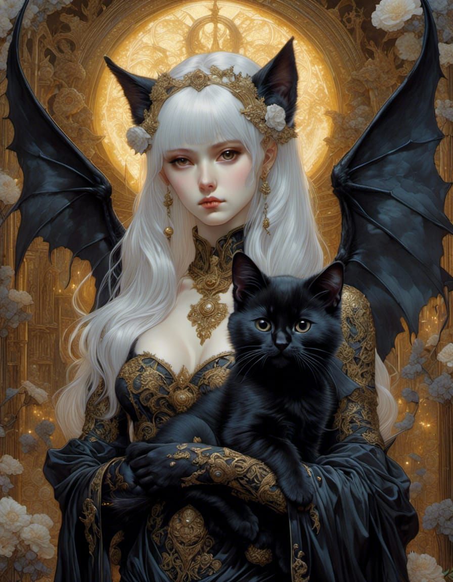 Fantasy Kitten with Bat Wings in Art Nouveau Style