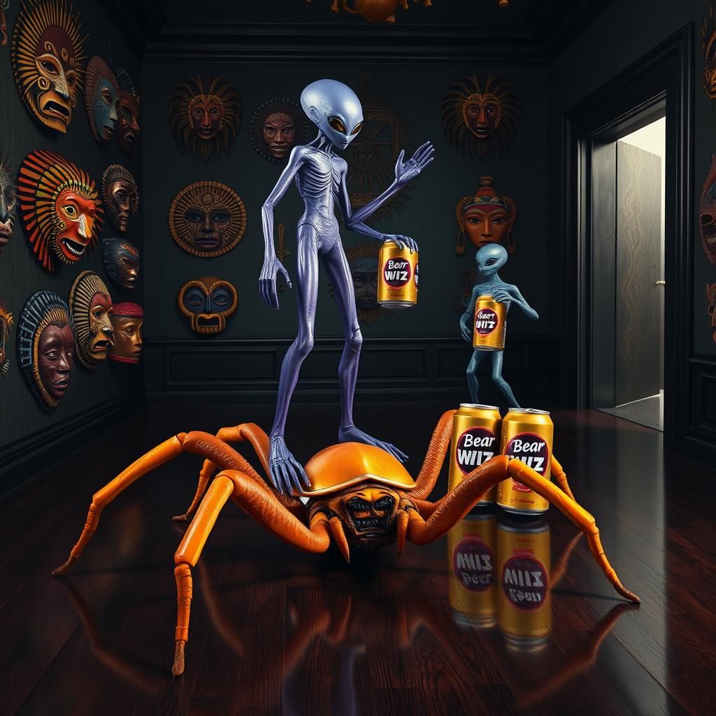 Victorious Alien in Afro-Futurist Chamber with Beer