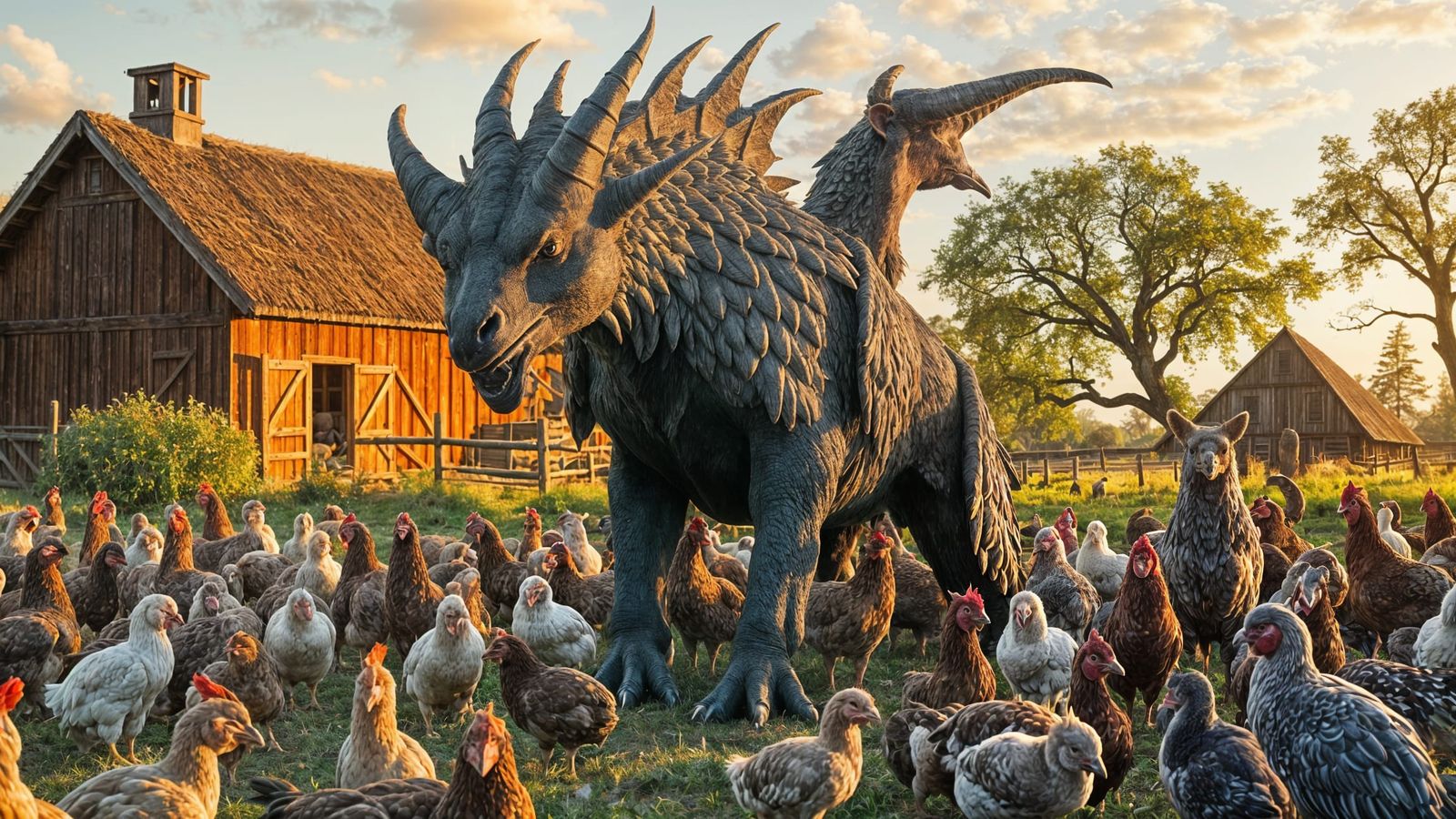 Majestic Mythical Guardian Protecting Farmyard Scene