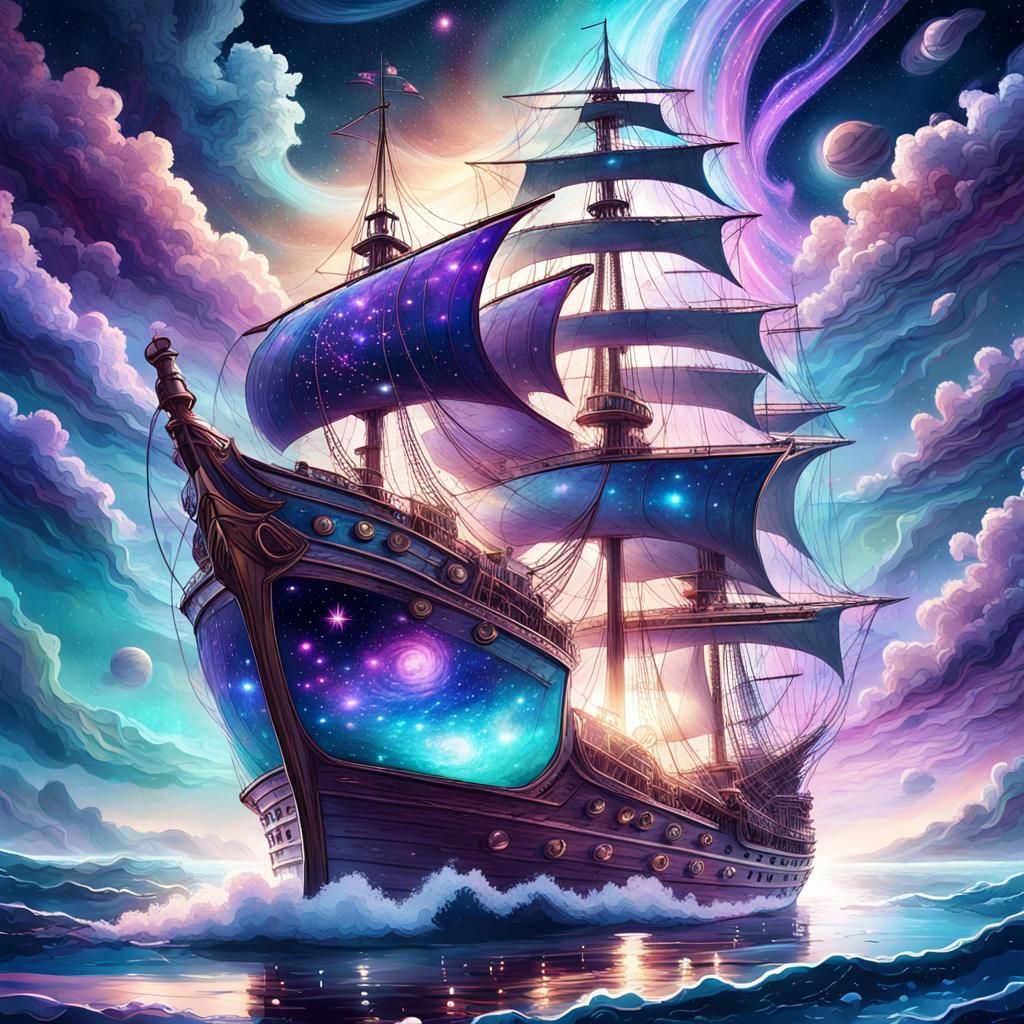 Cosmic Pirate Ship Sailing Starry Seas