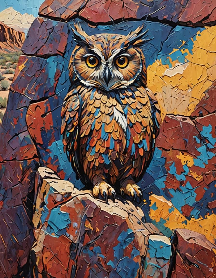 Desert Owl Petroglyphs in Impasto Oil Style