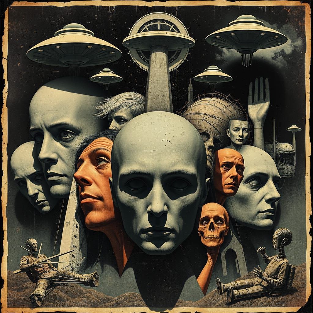 Surreal Collage of Faces and UFOs in Vintage Style