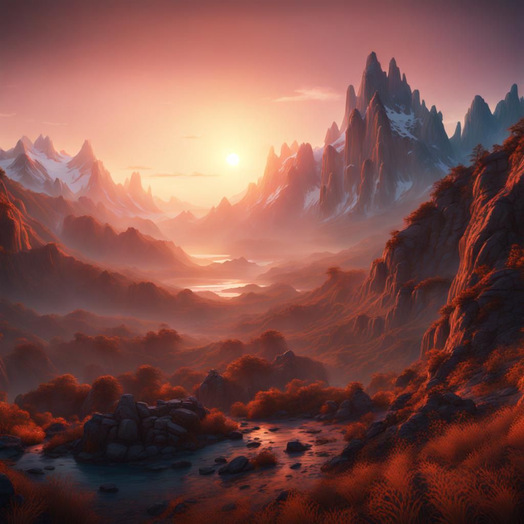 Majestic Mountain Sunrise in Detailed Digital Painting
