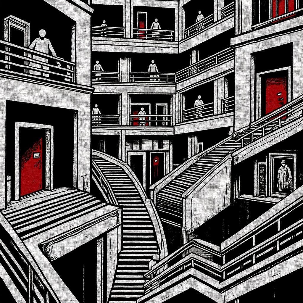 Escher-Inspired Labyrinth of Brutalist Stairwells