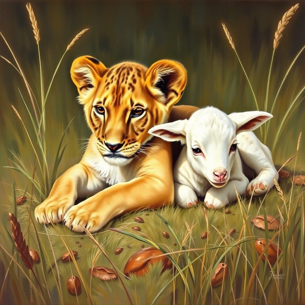 Lion Cub and Lamb in Serene Oil Painting