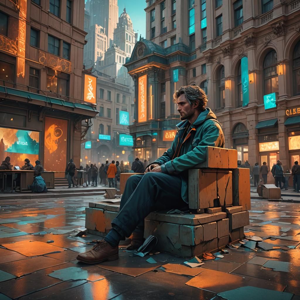 Dystopian City Square: Lonely Man in Cubicle