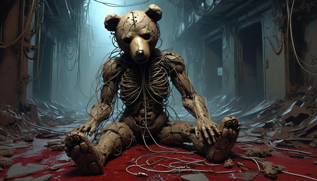 Cybernetic Teddy Bear in Post-Apocalyptic Dreamscape