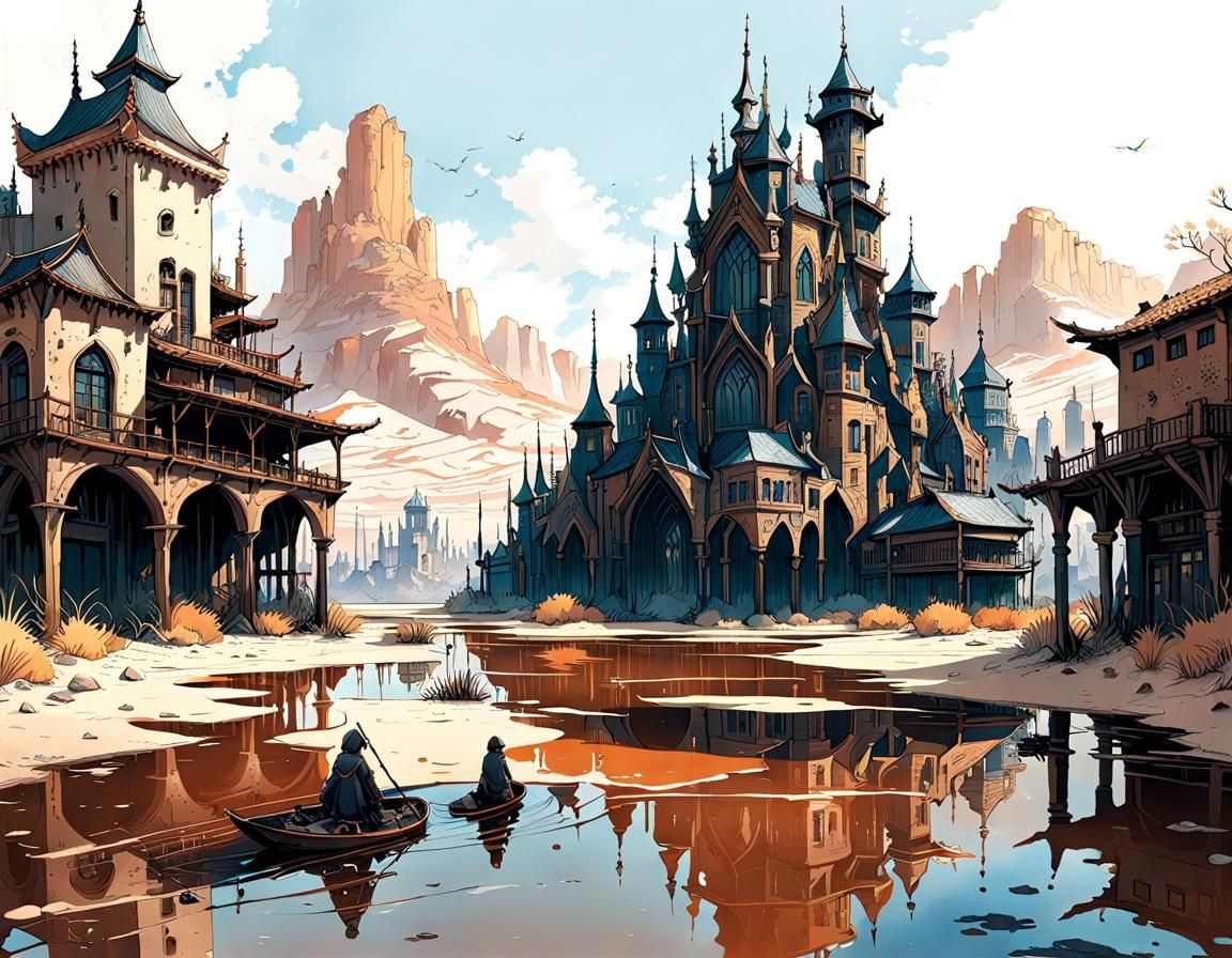 Flooded Gothic Metropolis in Desert Wetland