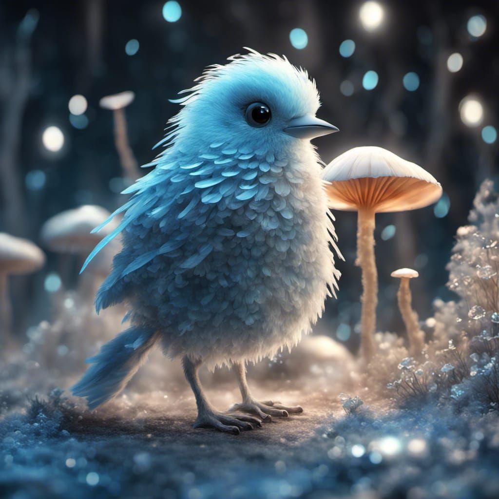A little fluffy baby bird in sparkly forest.