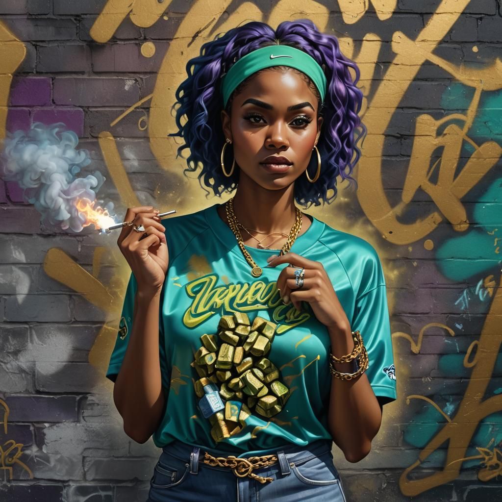 Vibrant Urban Woman with Gold Accents as Digital Art