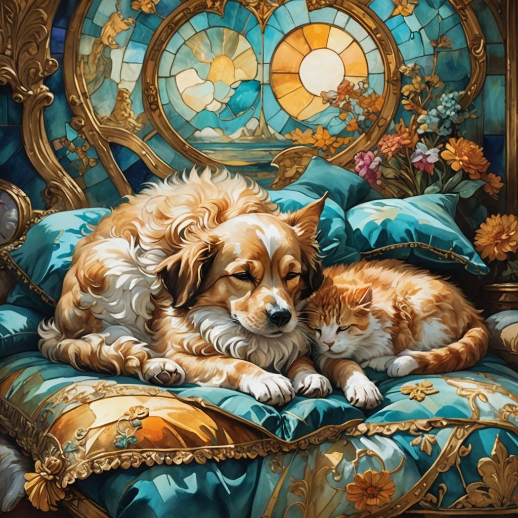 Dog and Cat Napping, Fragonard-Inspired Watercolor