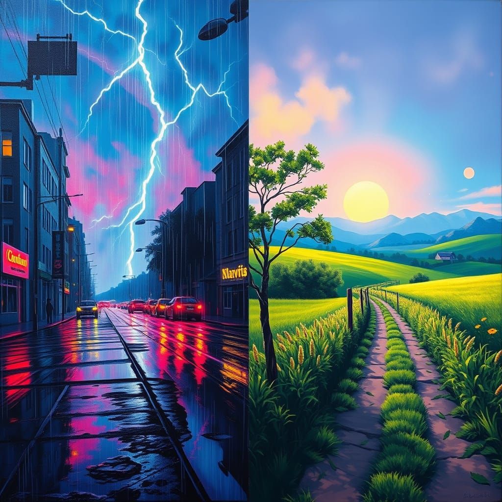 Synthwave City Rainstorm Meets Sunny Countryside