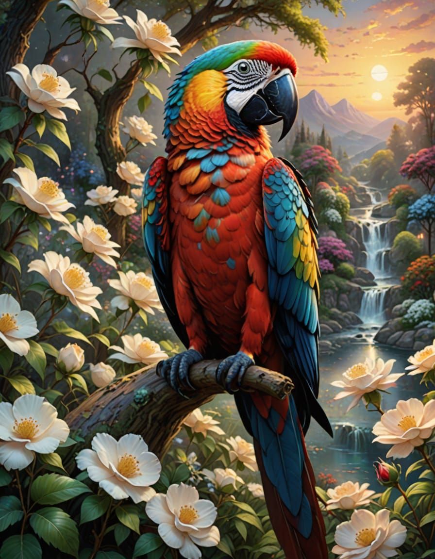 Vibrant Macaw in Sunset Paradise