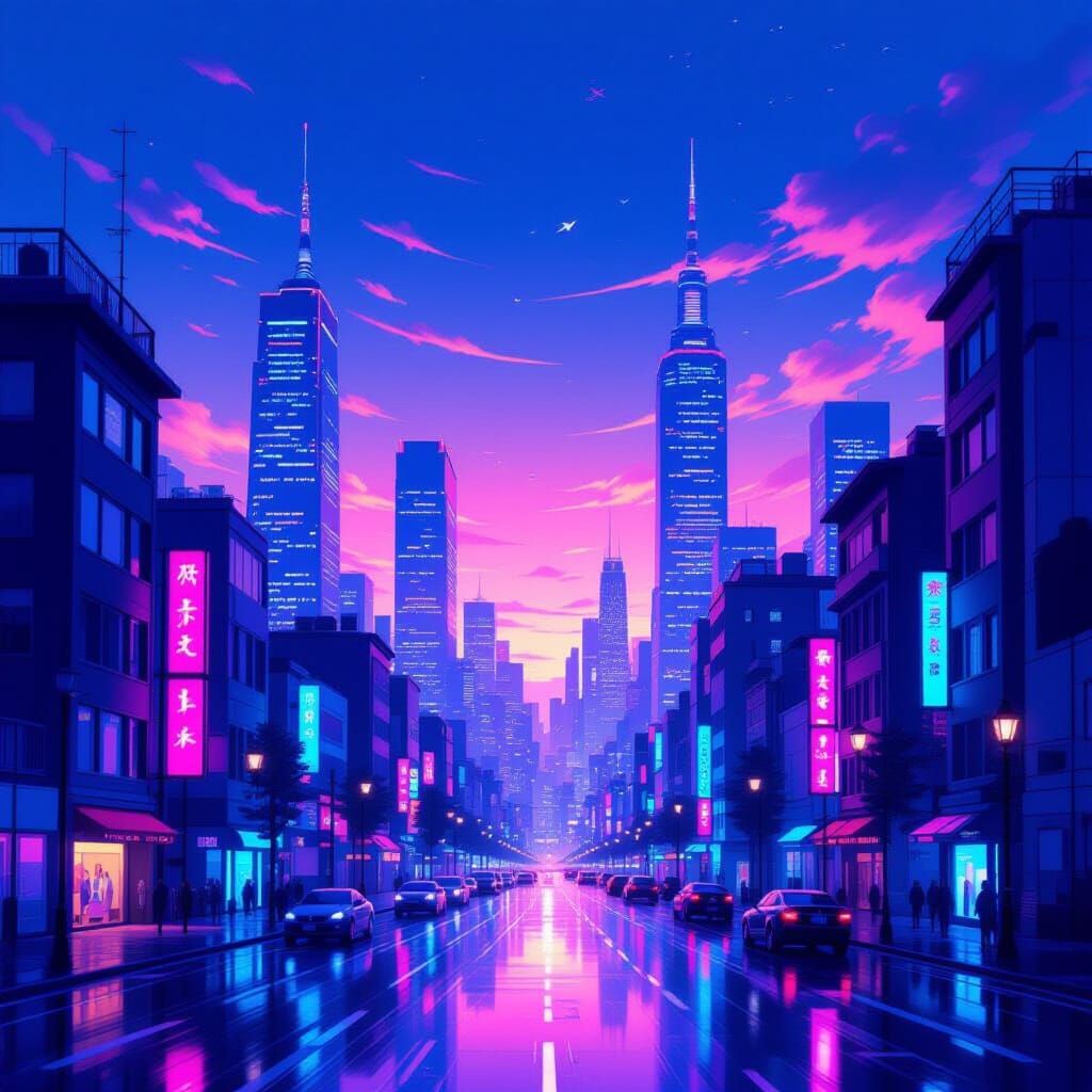Ethereal Cityscape in Pink, Blue, and Purple Hues