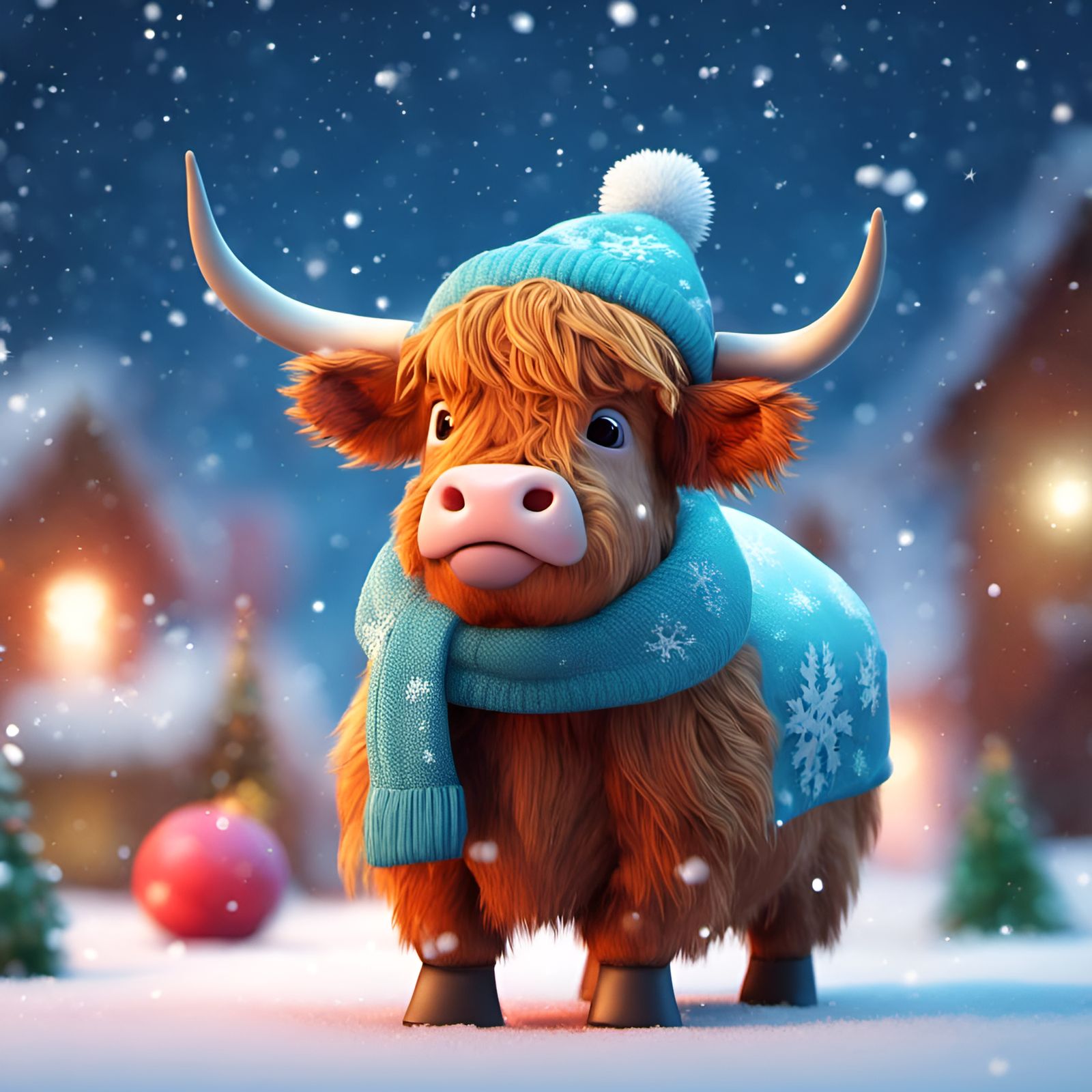 Festive Baby Highland Cow in Winter Snow, 3D Render