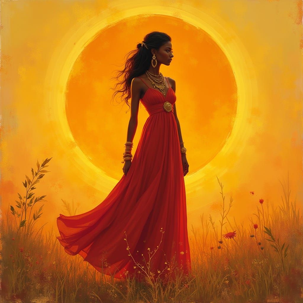 Sun Goddess in Red Dress, Digital Painting