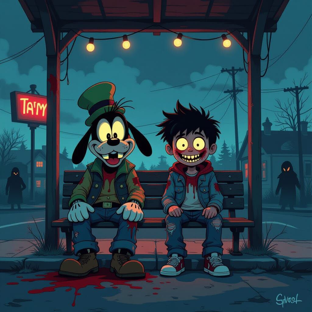 Goofy and Max at Dark Bus Stop, Scary Smiles