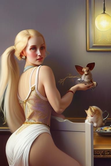 A pretty blonde young lady with her rather unusual, large pet mouse