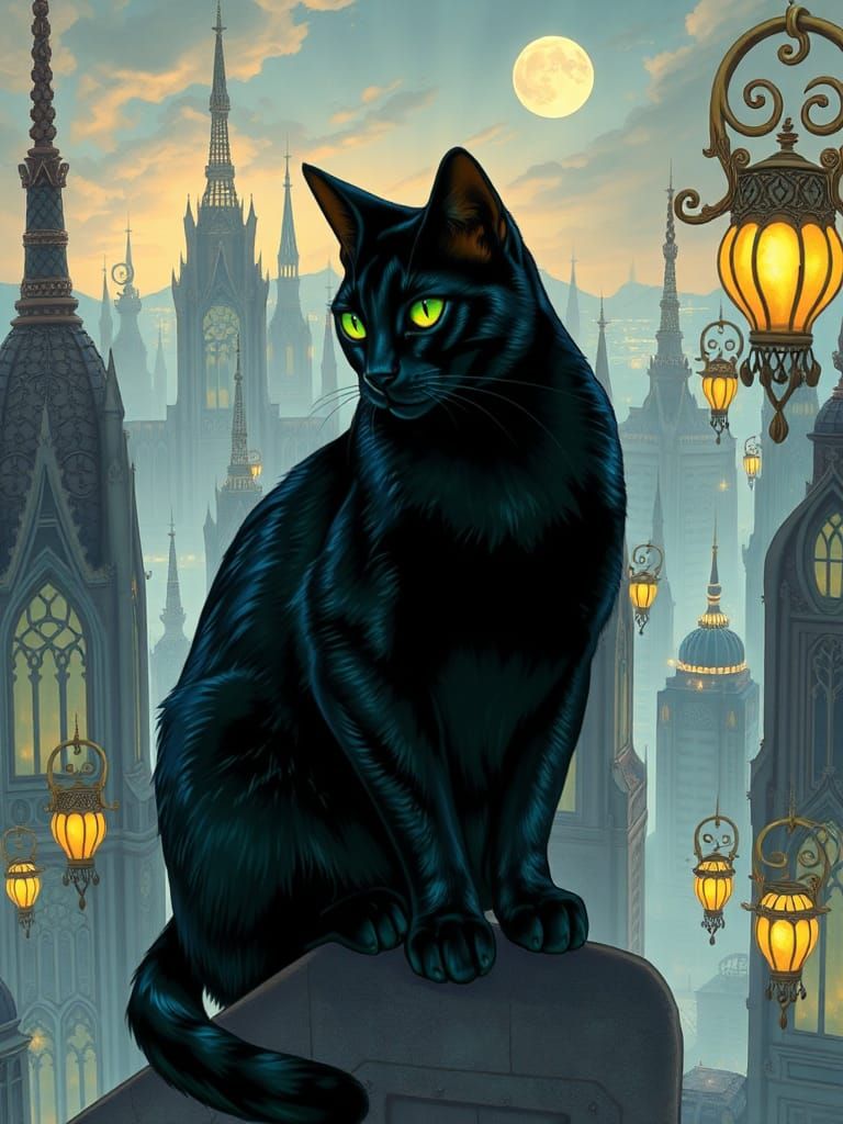 Black Cat in an Art Nouveau Cityscape
