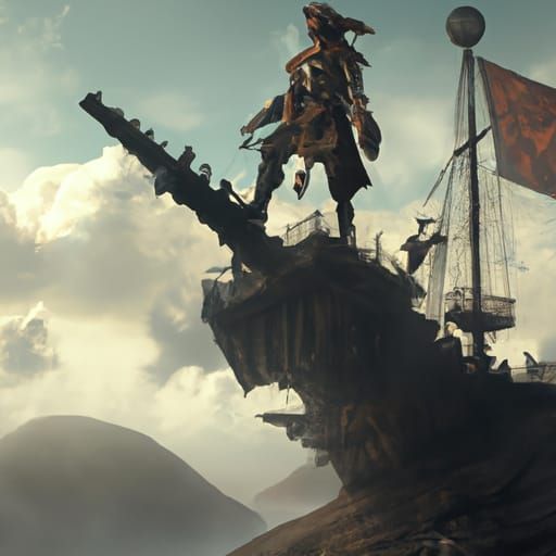 Pirate on Spaceship Taking Off: Epic Digital Painting