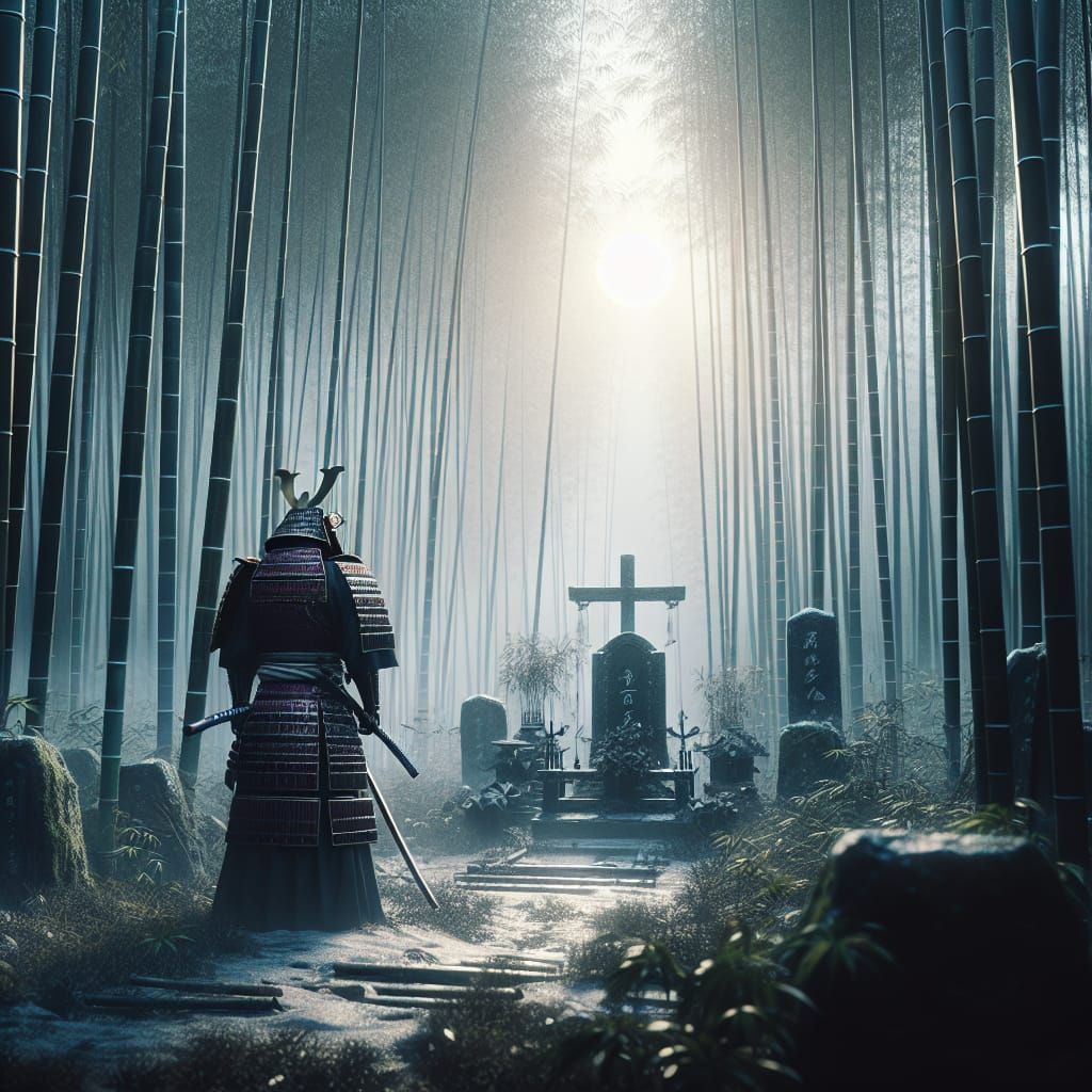 Samurai's Mournful Vigil in Bamboo Forest: Digital Matte Pai...