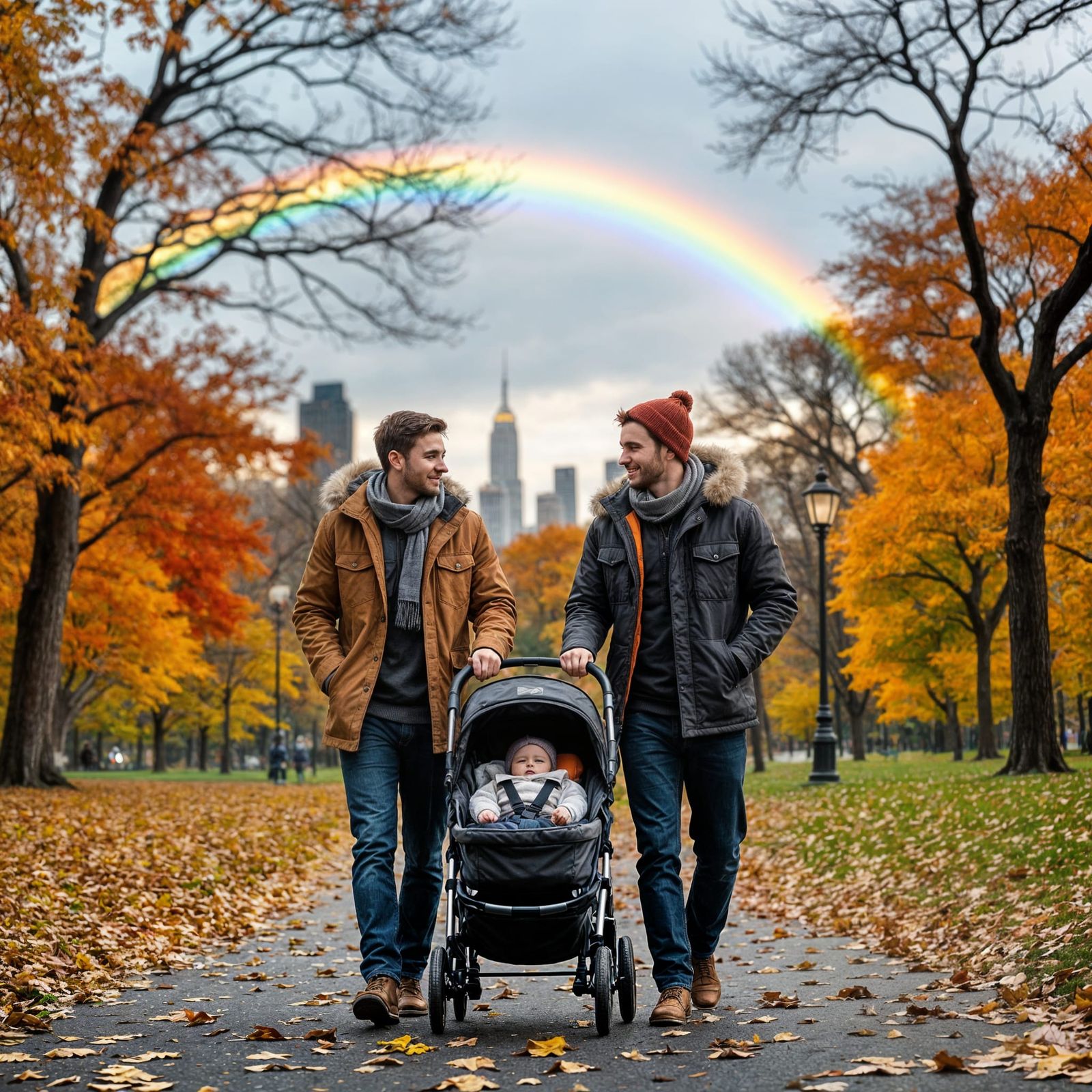 Couple Pushing Pram in Autumn Central Park