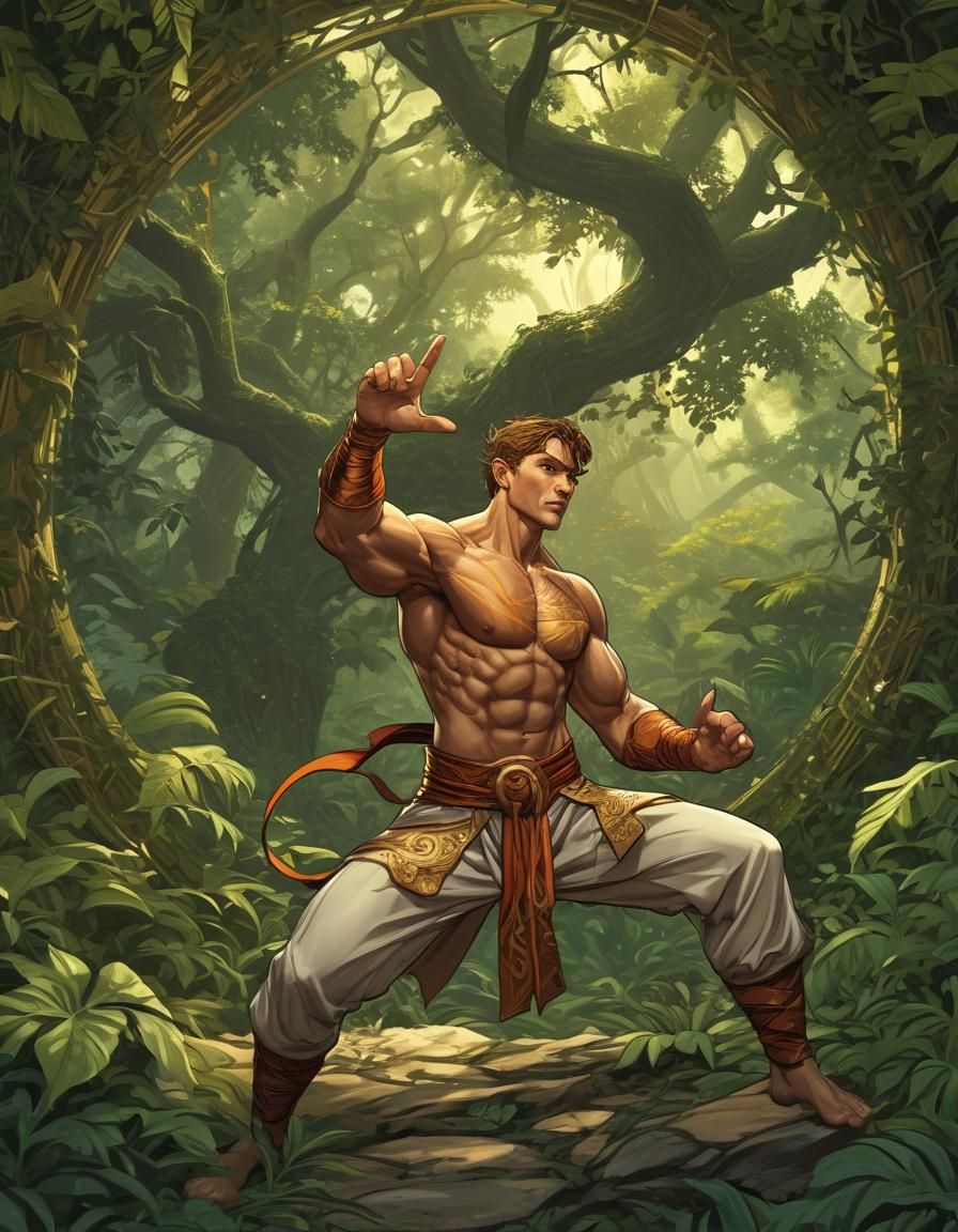Half-Elf Martial Artist in Jungle, Art Nouveau Style