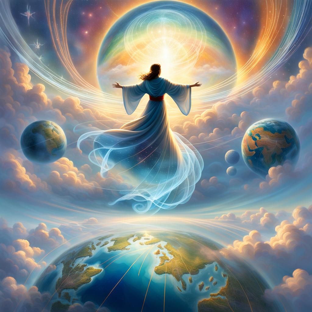 Ethereal Traveler Above Earth in Dreamy Light