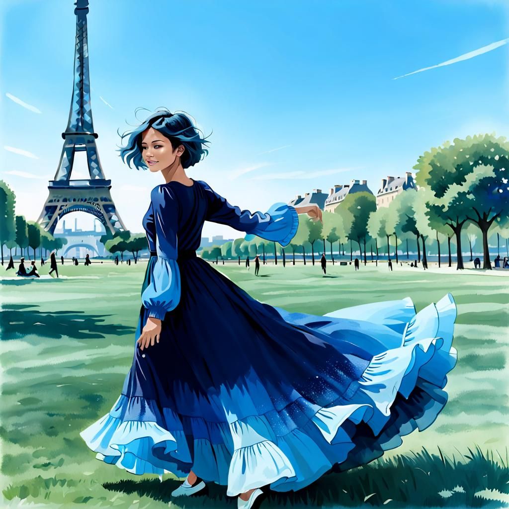 Monochromatic Painting: Woman in Blue Dress, Eiffel Tower