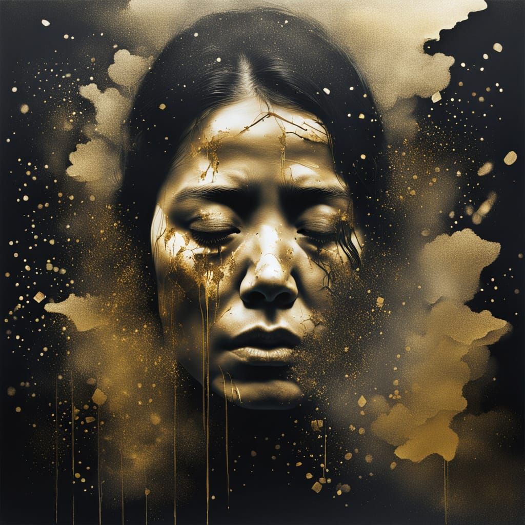 Woman's Face Dissolving into Golden Dust in Chiaroscuro