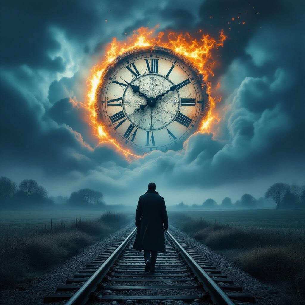 Dramatic Figure Walks Under Surreal Clock Sky